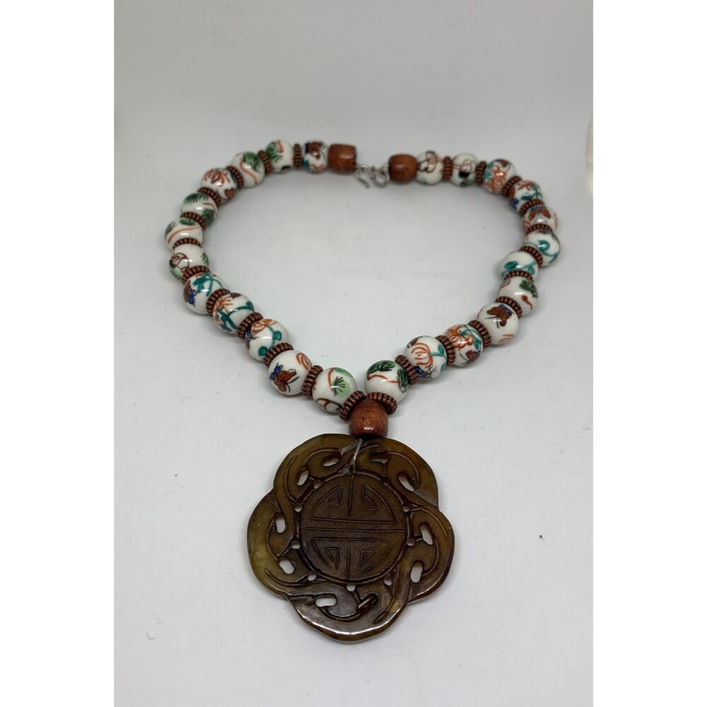 Chinese Painted Beads Necklace 16” Long 15mm Beads Pendant